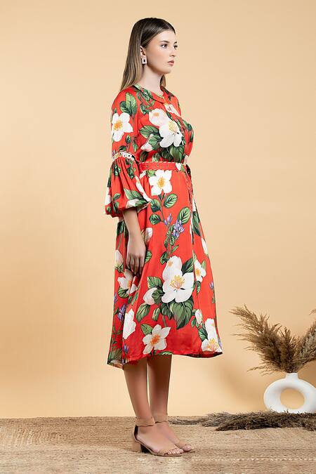 Shop Divi By Sonal Khandelwal Red Modal, Satin Collared Wild Rose Print A-line Dress Online at Aza Fashions Shop_Divi By Sonal Khandelwal_Red Modal, Satin Collared Wild Rose Print A-line Dress _Online_at_Aza_Fashions