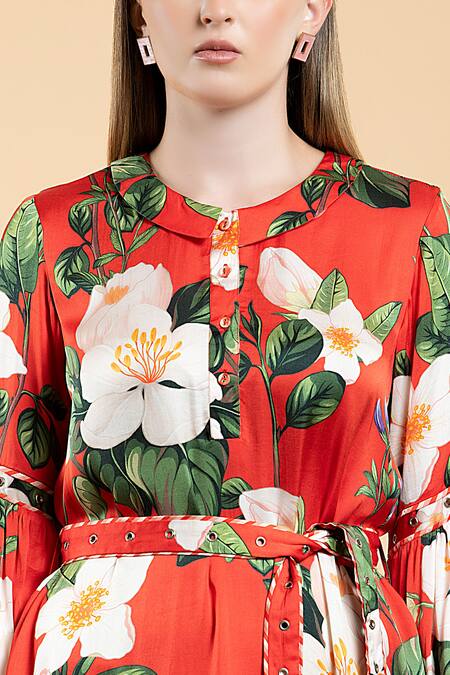 Divi By Sonal Khandelwal Red Modal, Satin Collared Wild Rose Print A-line Dress at Aza Fashions Divi By Sonal Khandelwal_Red Modal, Satin Collared Wild Rose Print A-line Dress _at_Aza_Fashions