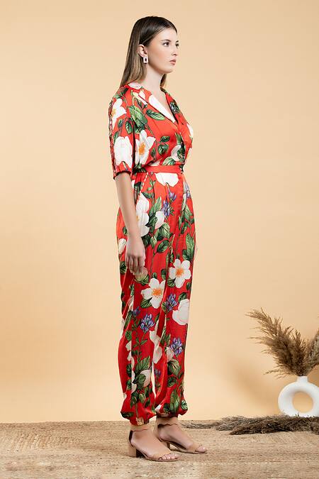 Divi by sonal khandelwal_Red Modal, Satin, Viscose Collared Wild Rose Print Jumpsuit _at_Aza_Fashions