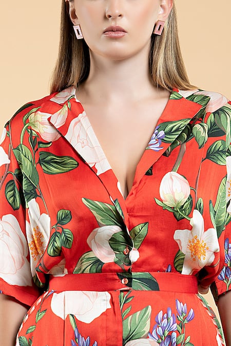 Buy_Divi by sonal khandelwal_Red Modal, Satin, Viscose Collared Wild Rose Print Jumpsuit 