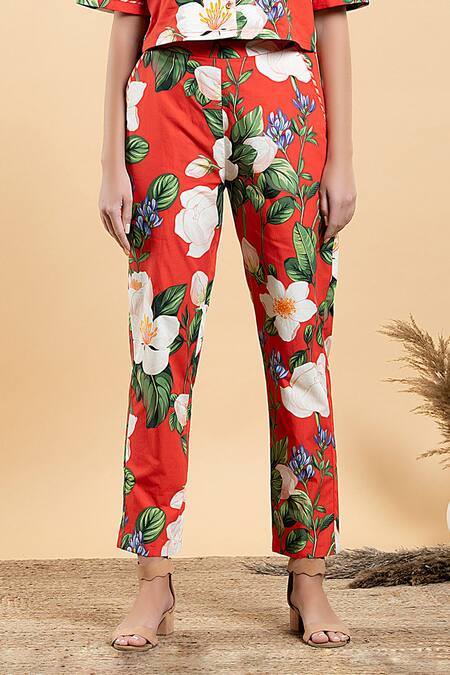 Divi By Sonal Khandelwal Red Cotton Collared Wild Rose Print Pant Co-ord Set Online at Aza Fashions Divi By Sonal Khandelwal_Red Cotton Collared Wild Rose Print Pant Co-ord Set _Online_at_Aza_Fashions