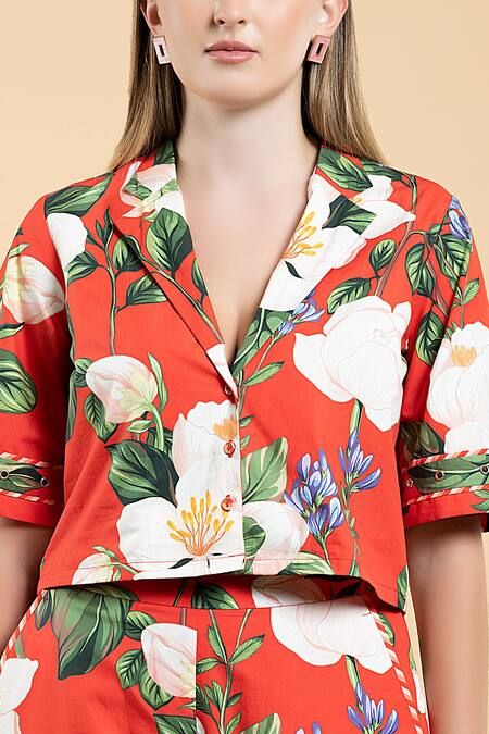 Buy Divi By Sonal Khandelwal Red Cotton Collared Wild Rose Print Pant Co-ord Set Buy_Divi By Sonal Khandelwal_Red Cotton Collared Wild Rose Print Pant Co-ord Set