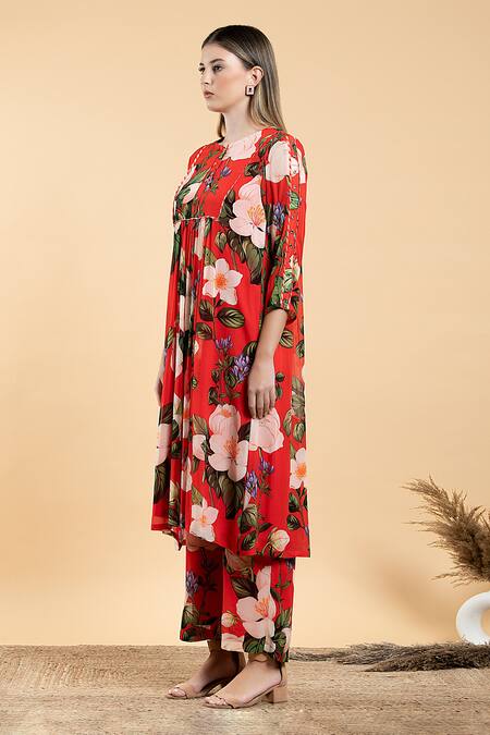 Shop Divi By Sonal Khandelwal Red Georgette, Viscose Round Neck Wild Rose Printed Tunic And Pant Set Online at Aza Fashions Shop_Divi By Sonal Khandelwal_Red Georgette, Viscose Round Neck Wild Rose Printed Tunic And Pant Set _Online_at_Aza_Fashions