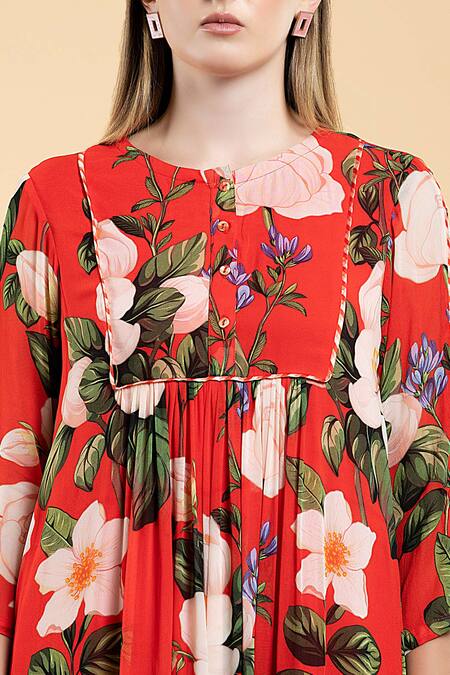 Buy Divi By Sonal Khandelwal Red Georgette, Viscose Round Neck Wild Rose Printed Tunic And Pant Set Buy_Divi By Sonal Khandelwal_Red Georgette, Viscose Round Neck Wild Rose Printed Tunic And Pant Set