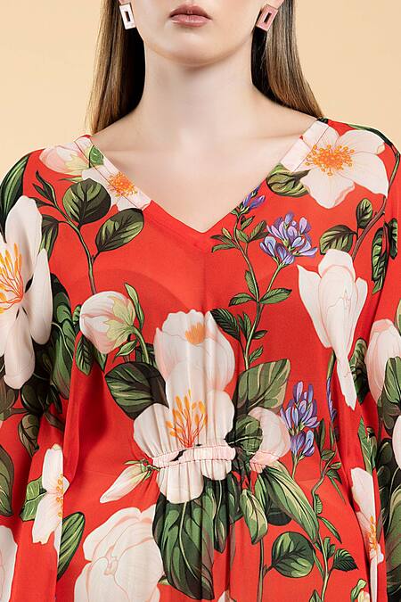 Buy Divi By Sonal Khandelwal Red Bamboo V-neck Wild Rose Print Kaftan Buy_Divi By Sonal Khandelwal_Red Bamboo V-neck Wild Rose Print Kaftan