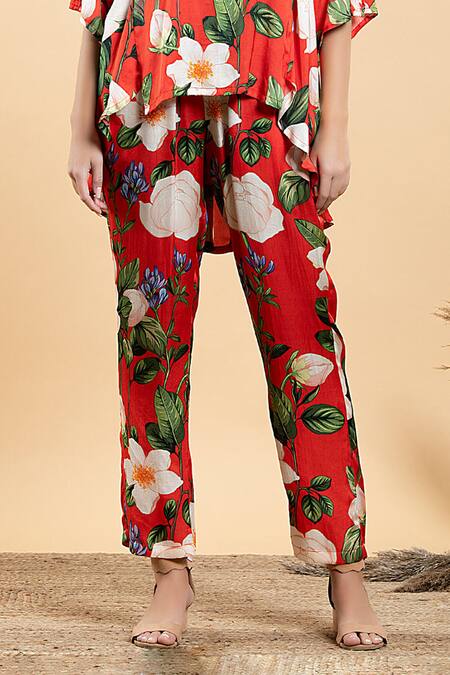 Divi By Sonal Khandelwal Red Modal, Satin Boat Neck Wild Rose Print Top And Pant Co-ord Set Online at Aza Fashions Divi By Sonal Khandelwal_Red Modal, Satin Boat Neck Wild Rose Print Top And Pant Co-ord Set _Online_at_Aza_Fashions