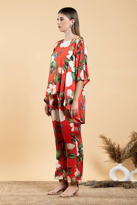 Buy Divi By Sonal Khandelwal Red Modal, Satin Boat Neck Wild Rose Print Top And Pant Co-ord Set Online at Aza Fashions Buy_Divi By Sonal Khandelwal_Red Modal, Satin Boat Neck Wild Rose Print Top And Pant Co-ord Set _Online_at_Aza_Fashions