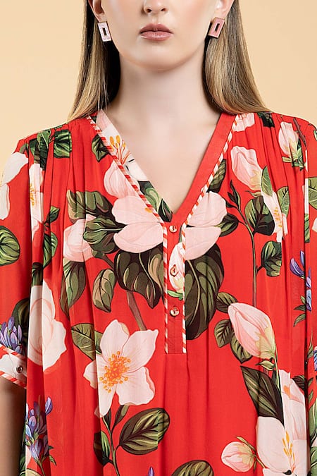 Shop_Divi By Sonal Khandelwal_Red Georgette, Bamboo, Viscose V-neck Floral Print Flared Kurta And Palazzo Set _Online_at_Aza_Fashions