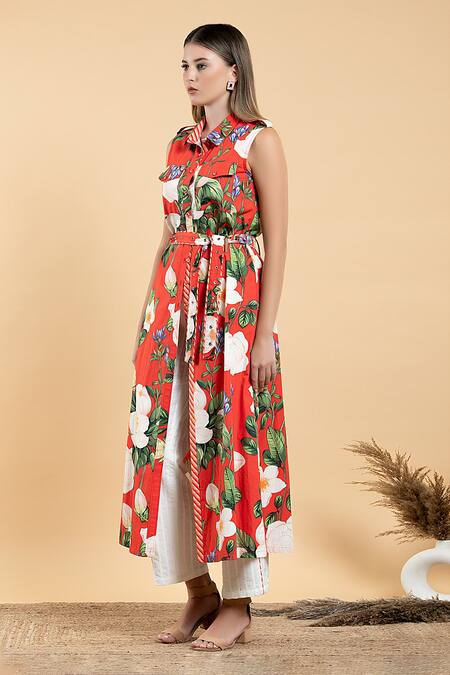 Buy Divi By Sonal Khandelwal Red Cotton Embroidery Collared Wild Rose Print Longline Shirt And Pant Set Online at Aza Fashions Buy_Divi By Sonal Khandelwal_Red Cotton Embroidery Collared Wild Rose Print Longline Shirt And Pant Set _Online_at_Aza_Fashions