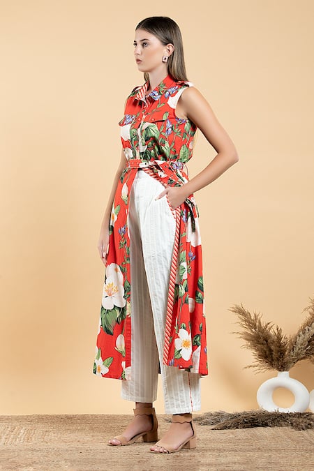 Shop Divi By Sonal Khandelwal Red Cotton Embroidery Collared Wild Rose Print Longline Shirt And Pant Set Online at Aza Fashions Shop_Divi By Sonal Khandelwal_Red Cotton Embroidery Collared Wild Rose Print Longline Shirt And Pant Set _Online_at_Aza_Fashions