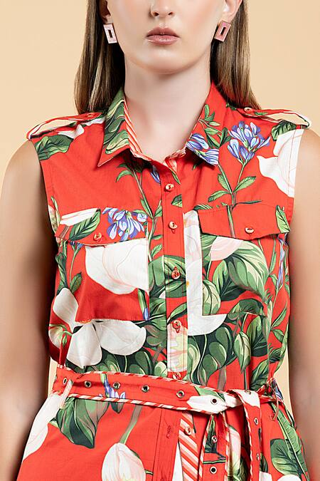 Divi By Sonal Khandelwal Red Cotton Embroidery Collared Wild Rose Print Longline Shirt And Pant Set at Aza Fashions Divi By Sonal Khandelwal_Red Cotton Embroidery Collared Wild Rose Print Longline Shirt And Pant Set _at_Aza_Fashions