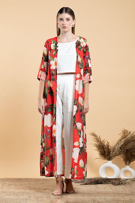 Buy Divi By Sonal Khandelwal Red Muslin, Cotton Boat Neck Wild Rose Print Cape And White Pant Set Online at Aza Fashions Buy_Divi By Sonal Khandelwal_Red Muslin, Cotton Boat Neck Wild Rose Print Cape And White Pant Set _Online_at_Aza_Fashions