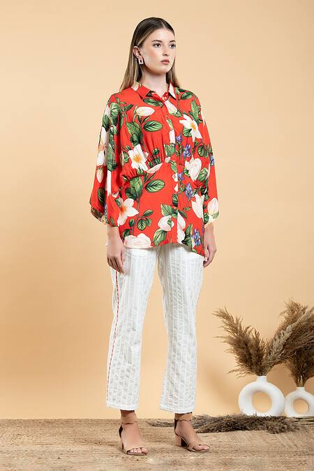 Buy_Divi By Sonal Khandelwal_Red Muslin(viscose) Printed Wild Rose Shirt Collar Kimono Sleeve Top_Online_at_Aza_Fashions