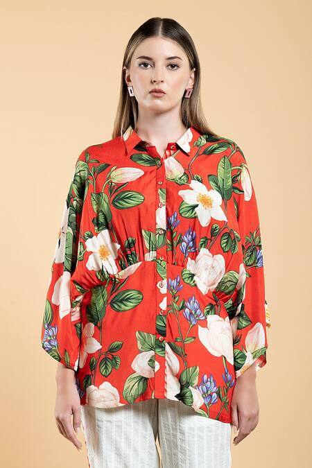 Shop_Divi By Sonal Khandelwal_Red Muslin(viscose) Printed Wild Rose Shirt Collar Kimono Sleeve Top_Online_at_Aza_Fashions