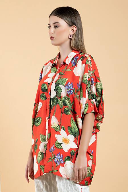 Divi By Sonal Khandelwal Red Muslin (viscose) Printed Wild Rose Collared Neck Short Kaftan Shirt Online at Aza Fashions Divi By Sonal Khandelwal_Red Muslin (viscose) Printed Wild Rose Collared Neck Short Kaftan Shirt_Online_at_Aza_Fashions