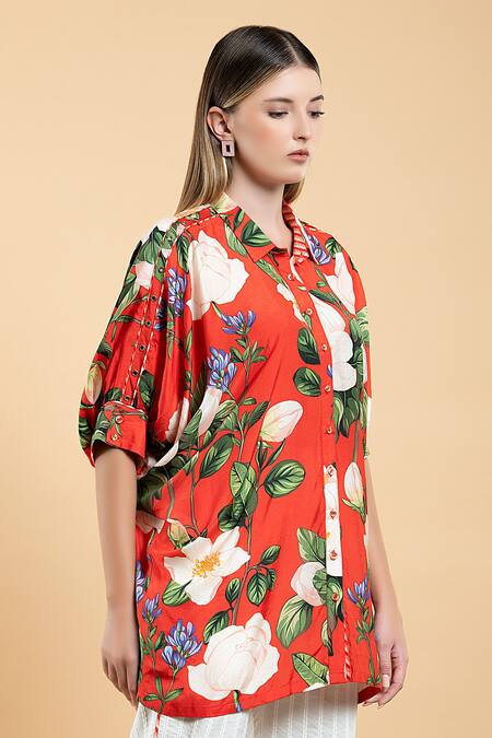 Buy Divi By Sonal Khandelwal Red Muslin (viscose) Printed Wild Rose Collared Neck Short Kaftan Shirt Online at Aza Fashions Buy_Divi By Sonal Khandelwal_Red Muslin (viscose) Printed Wild Rose Collared Neck Short Kaftan Shirt_Online_at_Aza_Fashions