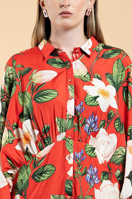 Shop Divi By Sonal Khandelwal Red Muslin, Viscose Shawl Neck Wild Rose Print Kimono Sleeve Dress Online at Aza Fashions Shop_Divi By Sonal Khandelwal_Red Muslin, Viscose Shawl Neck Wild Rose Print Kimono Sleeve Dress _Online_at_Aza_Fashions