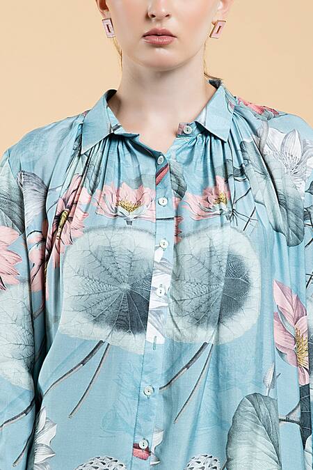 Divi By Sonal Khandelwal Sky Blue Muslin Collared Nelumbo Printed Shirt Dress at Aza Fashions Divi By Sonal Khandelwal_Sky Blue Muslin Collared Nelumbo Printed Shirt Dress _at_Aza_Fashions