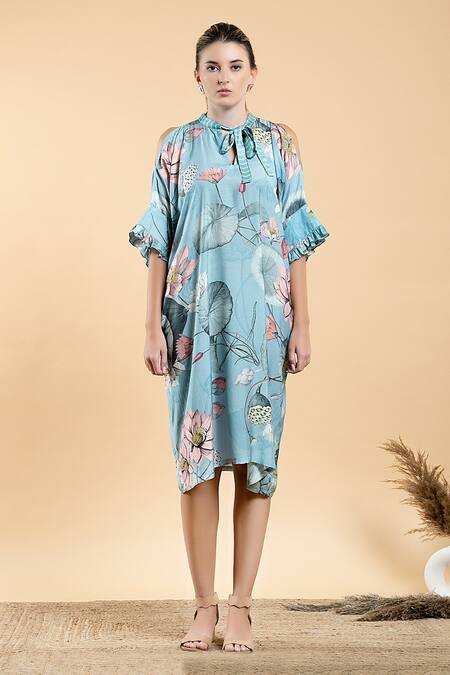 Buy Divi By Sonal Khandelwal Sky Blue Muslin, Viscose Lotus Print Tie-up Kaftan Dress Online at Aza Fashions Buy_Divi By Sonal Khandelwal_Sky Blue Muslin, Viscose Lotus Print Tie-up Kaftan Dress _Online_at_Aza_Fashions