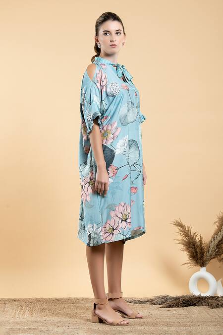 Shop Divi By Sonal Khandelwal Sky Blue Muslin, Viscose Lotus Print Tie-up Kaftan Dress Online at Aza Fashions Shop_Divi By Sonal Khandelwal_Sky Blue Muslin, Viscose Lotus Print Tie-up Kaftan Dress _Online_at_Aza_Fashions