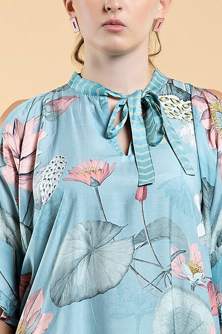 Divi By Sonal Khandelwal Sky Blue Muslin, Viscose Lotus Print Tie-up Kaftan Dress at Aza Fashions Divi By Sonal Khandelwal_Sky Blue Muslin, Viscose Lotus Print Tie-up Kaftan Dress _at_Aza_Fashions