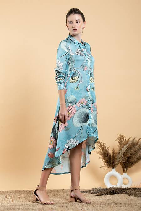 Buy Divi By Sonal Khandelwal Sky Blue Modal, Satin Collared Lotus Print High Low Hem Shirt Dress Online at Aza Fashions Buy_Divi By Sonal Khandelwal_Sky Blue Modal, Satin Collared Lotus Print High Low Hem Shirt Dress _Online_at_Aza_Fashions