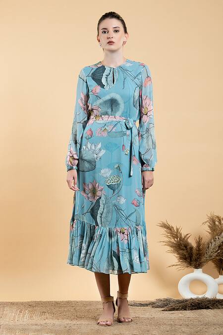 Divi By Sonal Khandelwal_Sky Blue Georgette Round Neck Nelumbo Printed Frill Hem Dress _Online_at_Aza_Fashions