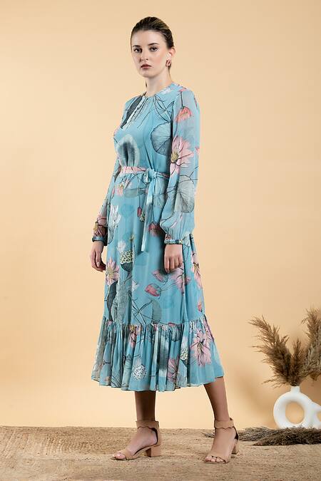 Buy_Divi By Sonal Khandelwal_Sky Blue Georgette Round Neck Nelumbo Printed Frill Hem Dress _Online_at_Aza_Fashions