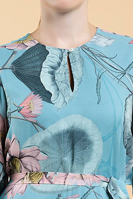 Divi By Sonal Khandelwal_Sky Blue Georgette Round Neck Nelumbo Printed Frill Hem Dress _at_Aza_Fashions