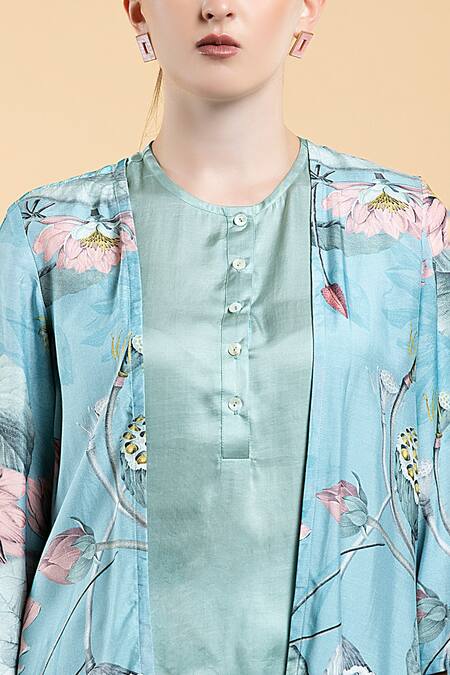 Shop Divi By Sonal Khandelwal Sky Blue Muslin, Modal Round Neck Nelumbo Printed Cape And Shorts Set Online at Aza Fashions Shop_Divi By Sonal Khandelwal_Sky Blue Muslin, Modal Round Neck Nelumbo Printed Cape And Shorts Set _Online_at_Aza_Fashions