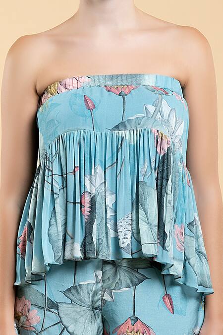Buy Divi By Sonal Khandelwal Sky Blue Bamboo Bandeau Neck Nelumbo Printed Tube Top And Shorts Set Online at Aza Fashions Buy_Divi By Sonal Khandelwal_Sky Blue Bamboo Bandeau Neck Nelumbo Printed Tube Top And Shorts Set _Online_at_Aza_Fashions
