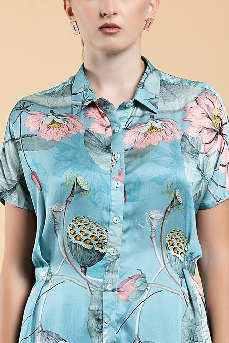 Shop Divi By Sonal Khandelwal Sky Blue Modal, Satin, Viscose Collared Nelumbo Printed Shirt And Pant Set Online at Aza Fashions Shop_Divi By Sonal Khandelwal_Sky Blue Modal, Satin, Viscose Collared Nelumbo Printed Shirt And Pant Set _Online_at_Aza_Fashions