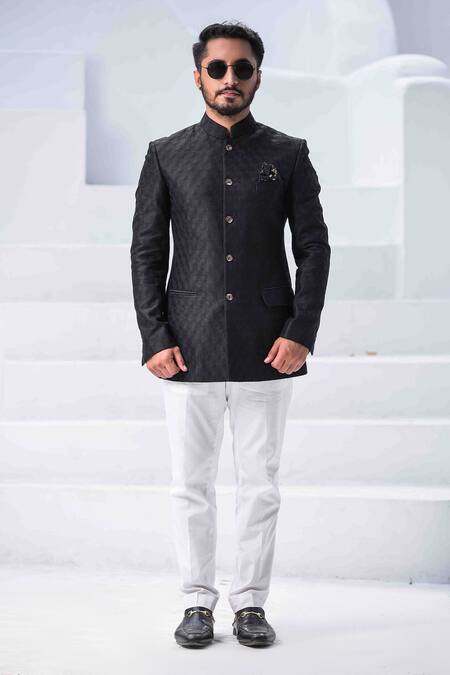 Arjan Dugal_Black Chanderi Silk Embroidered Bandhgala _Online_at_Aza_Fashions