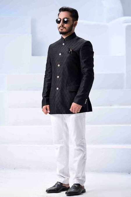 Buy_Arjan Dugal_Black Chanderi Silk Embroidered Bandhgala _Online_at_Aza_Fashions