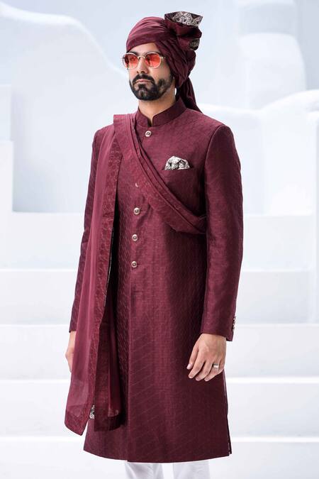 Arjan Dugal_Maroon Chanderi Silk Embroidered Sherwani Set _Online_at_Aza_Fashions