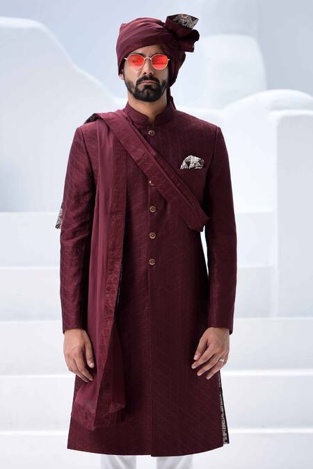 Buy_Arjan Dugal_Maroon Chanderi Silk Embroidered Sherwani Set _Online_at_Aza_Fashions