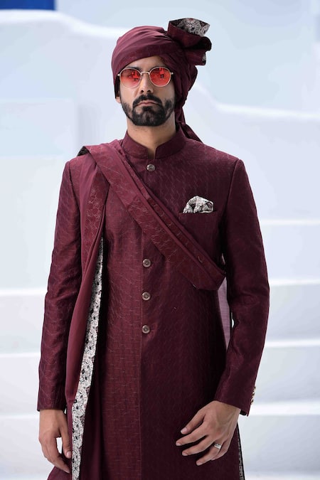 Shop_Arjan Dugal_Maroon Chanderi Silk Embroidered Sherwani Set _Online_at_Aza_Fashions