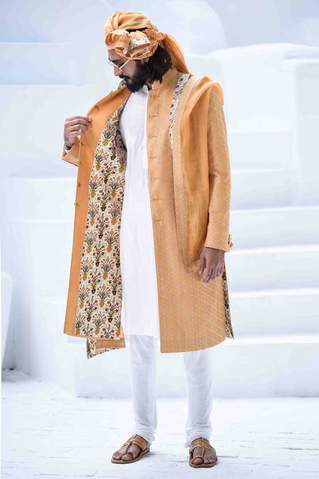 Arjan Dugal_Yellow Chanderi Silk Embroidered Sherwani Set _Online_at_Aza_Fashions