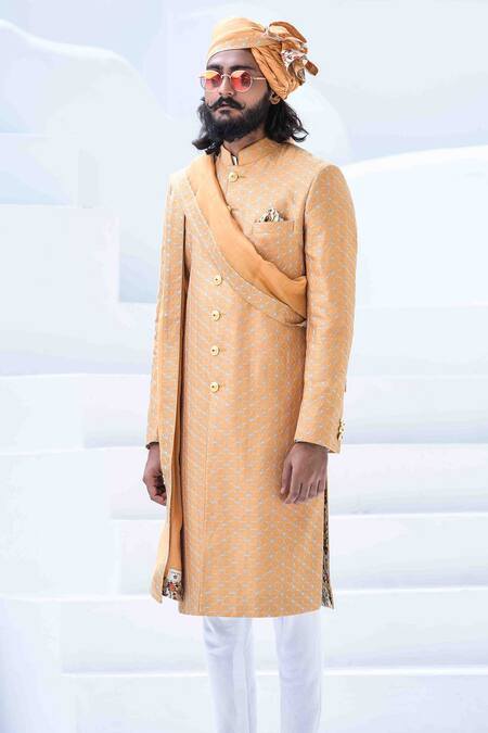 Buy_Arjan Dugal_Yellow Chanderi Silk Embroidered Sherwani Set _Online_at_Aza_Fashions
