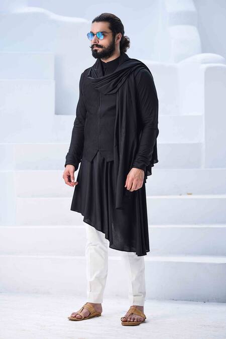 Arjan Dugal_Black Silk Viscose Pintuck Bundi And Kurta Set _Online_at_Aza_Fashions