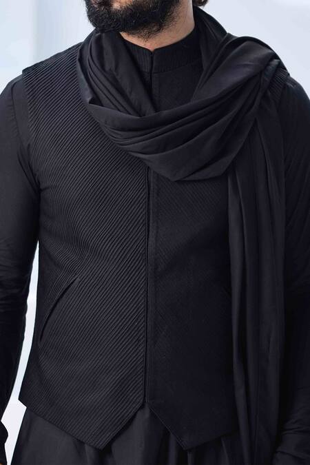Shop_Arjan Dugal_Black Silk Viscose Pintuck Bundi And Kurta Set _Online_at_Aza_Fashions
