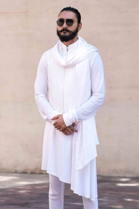 Arjan Dugal_White Silk Viscose Pintuck Bundi And Kurta Set _Online_at_Aza_Fashions