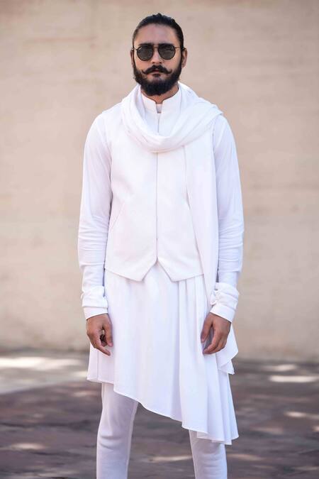 Buy_Arjan Dugal_White Silk Viscose Pintuck Bundi And Kurta Set _Online_at_Aza_Fashions