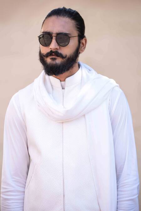 Shop_Arjan Dugal_White Silk Viscose Pintuck Bundi And Kurta Set _Online_at_Aza_Fashions