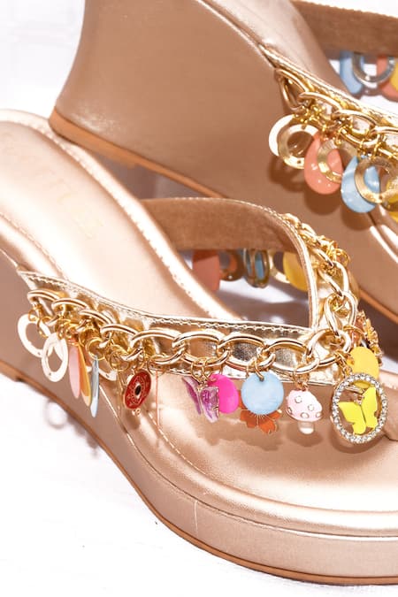 Foot Fuel_Gold Embroidery Admire Charm Embellished Wedges _Online_at_Aza_Fashions