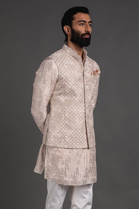 Arjan Dugal_Pink Banarasi Silk Zari Thread Embroidery Nehru Jacket_Online_at_Aza_Fashions