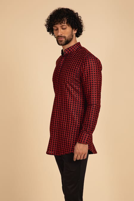 Arjan Dugal_Blue Chanderi , Cotton Arrow Embroidered Kurta Set _Online_at_Aza_Fashions