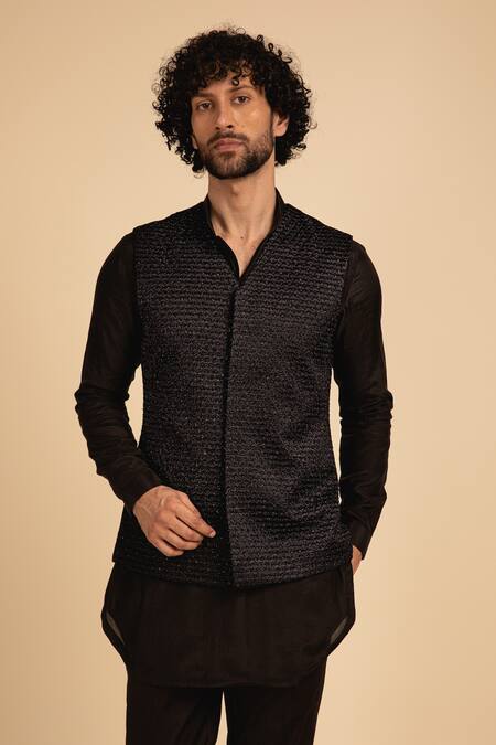 Arjan Dugal Black Silk Embroidered French Knots Hand Waistcoat And Kurta Set Online at Aza Fashions Arjan Dugal_Black Silk Embroidered French Knots Hand Waistcoat And Kurta Set _Online_at_Aza_Fashions