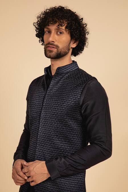Buy_Arjan Dugal_Blue Silk Badla, French Knots Hand Embroidered Waistcoat_Online_at_Aza_Fashions