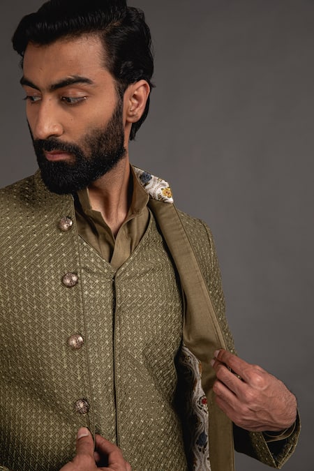 Buy_Arjan Dugal_Green Chanderi , Cotton Achkan And Kurta Set _Online_at_Aza_Fashions